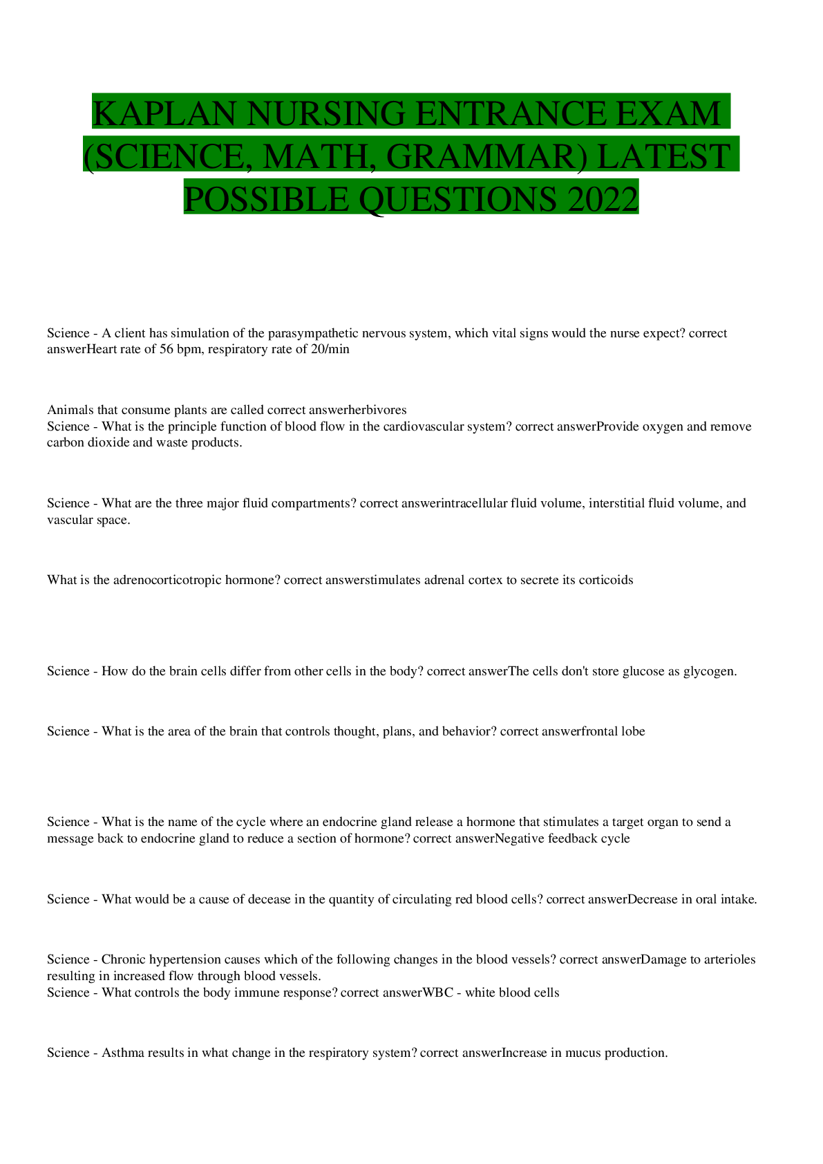 Preview of KAPLAN NURSING ENTRANCE EXAM (SCIENCE, MATH, GRAMMAR) LATEST POSSIBLE QUESTIONS 2022
